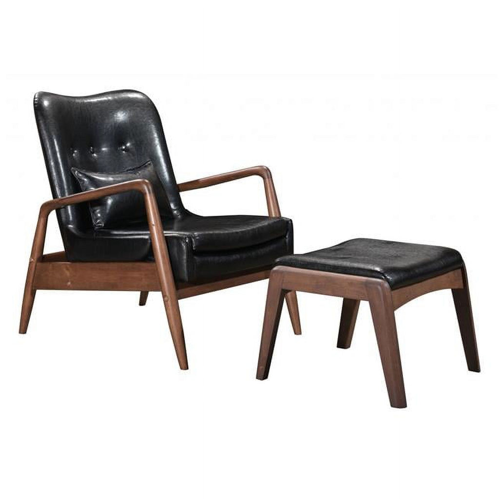Walnut & Black Faux Leather Chair & Ottoman Set V8101
