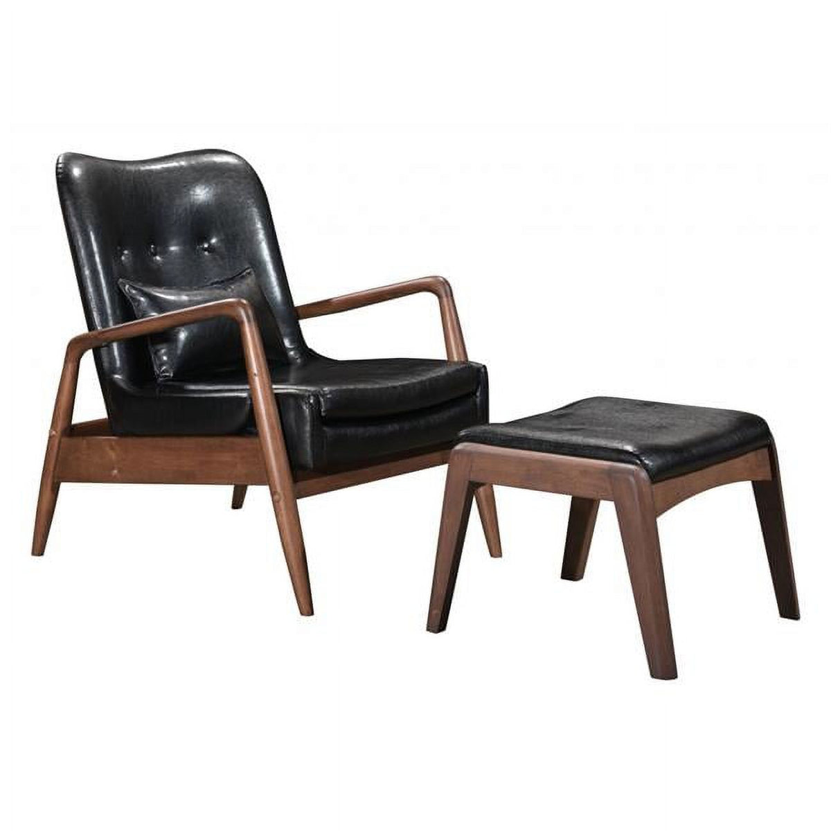Walnut & Black Faux Leather Chair & Ottoman Set V8101