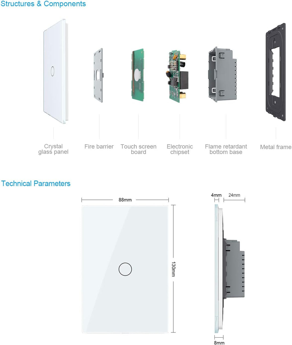 White 1 Gang 1 Way Tempered Glass Touch Light Switch, 2 Pack K763
