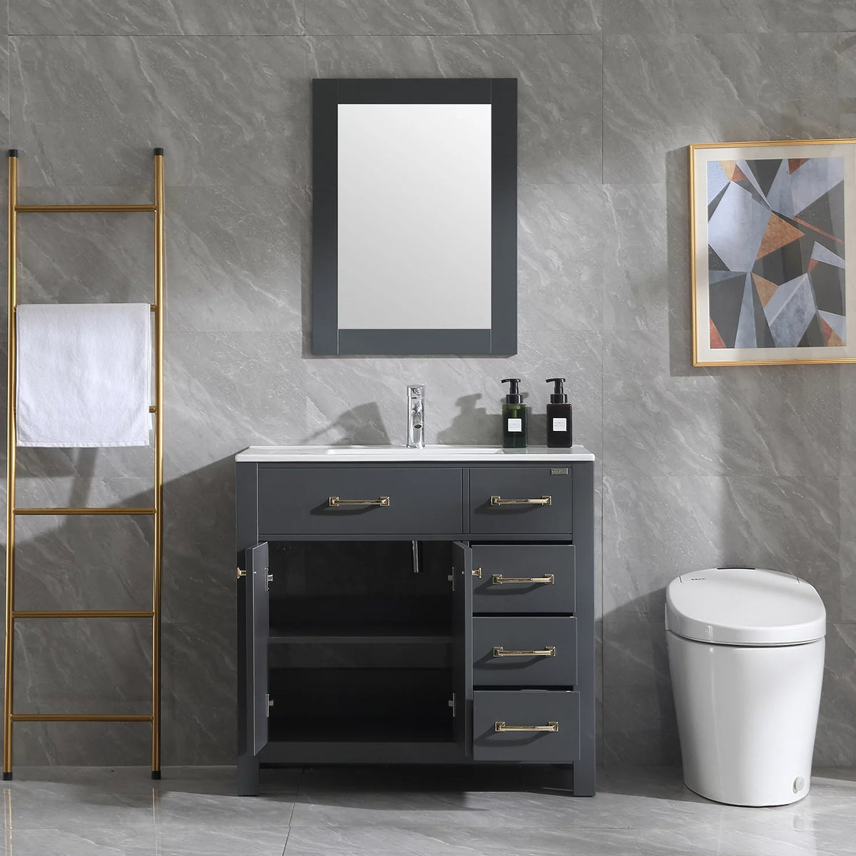 36" Gray Bathroom Vanity Cabinet with 2 Doors and 5 Drawers T927744