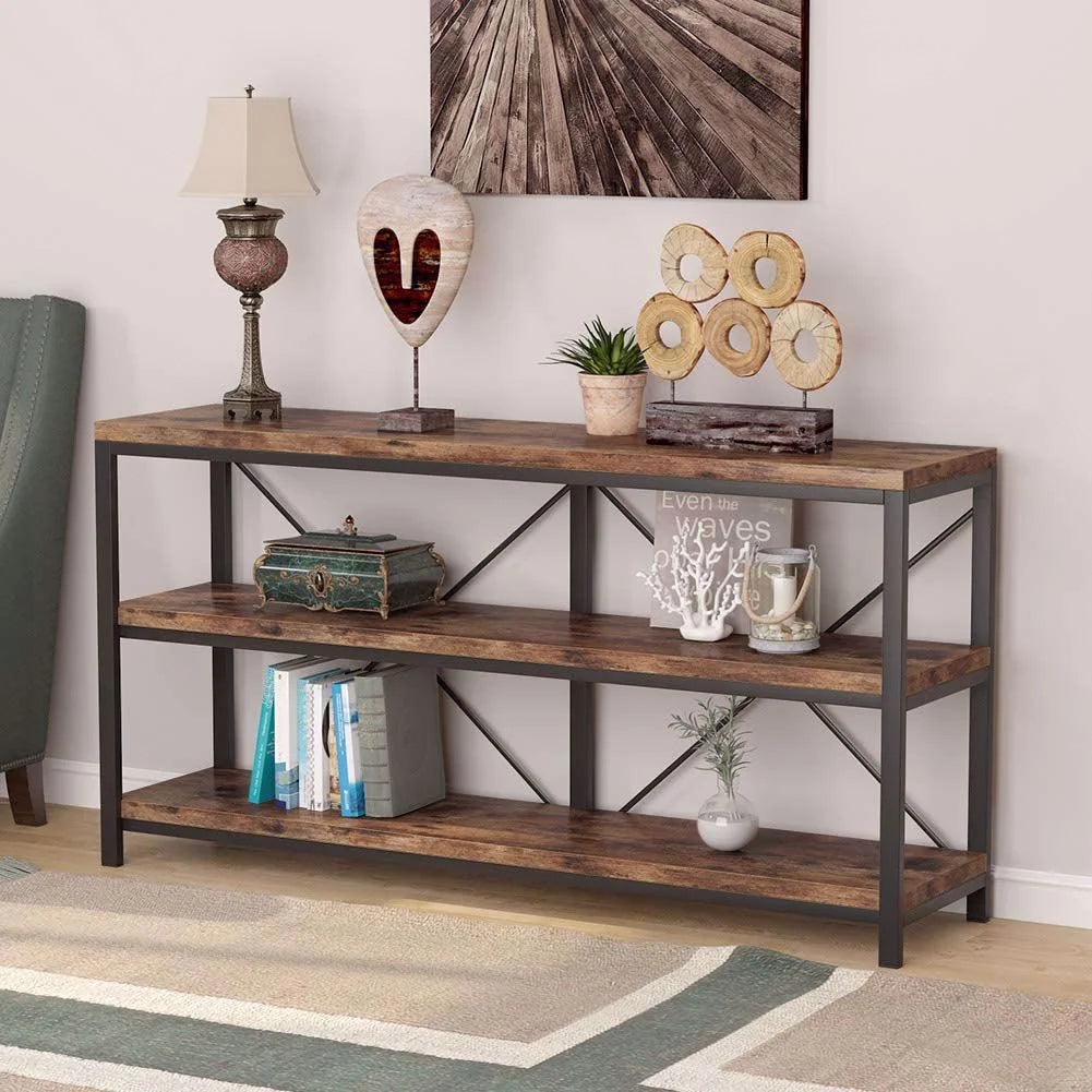 Rustic Industrial 55 Inch Sofa Table with Shelves T104239