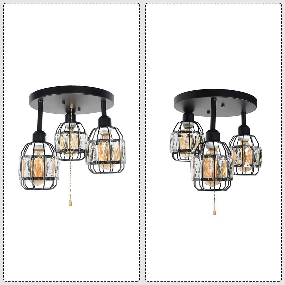 Black Metal Round Semi Flush Mount Ceiling Light with Pull Chain 3 Lights E26 J131