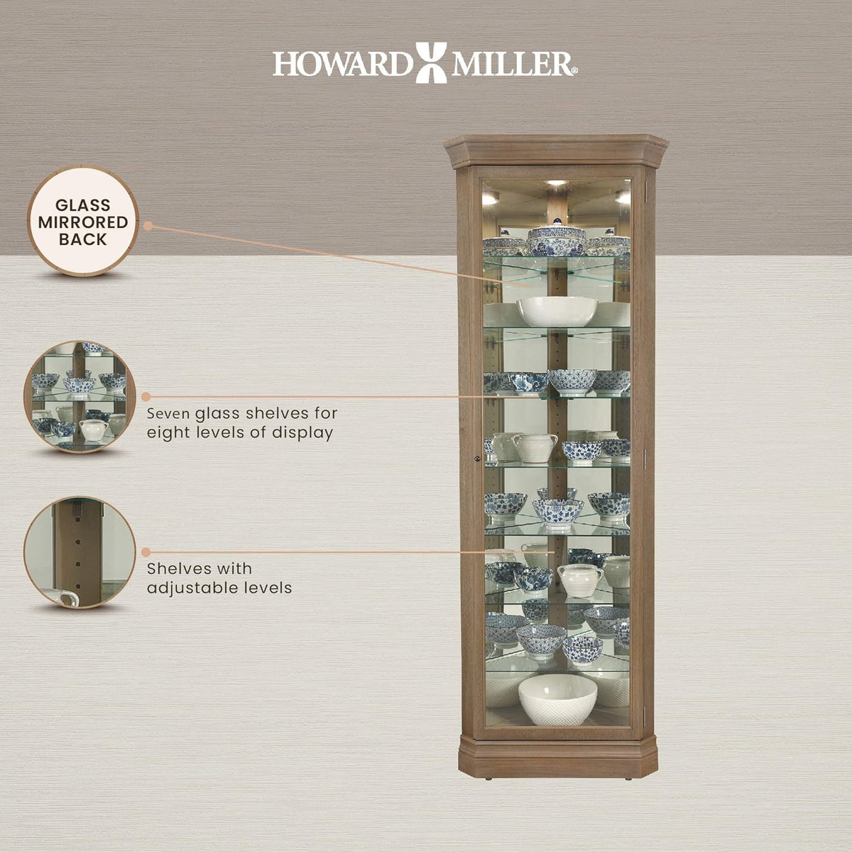 Aged Grey Curio Cabinet with Seven Glass Shelves T602