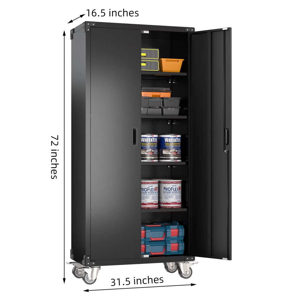 Metal Storage Cabinet with Lock, 72In Steel Storage Cabinet with Wheels, Black D4386