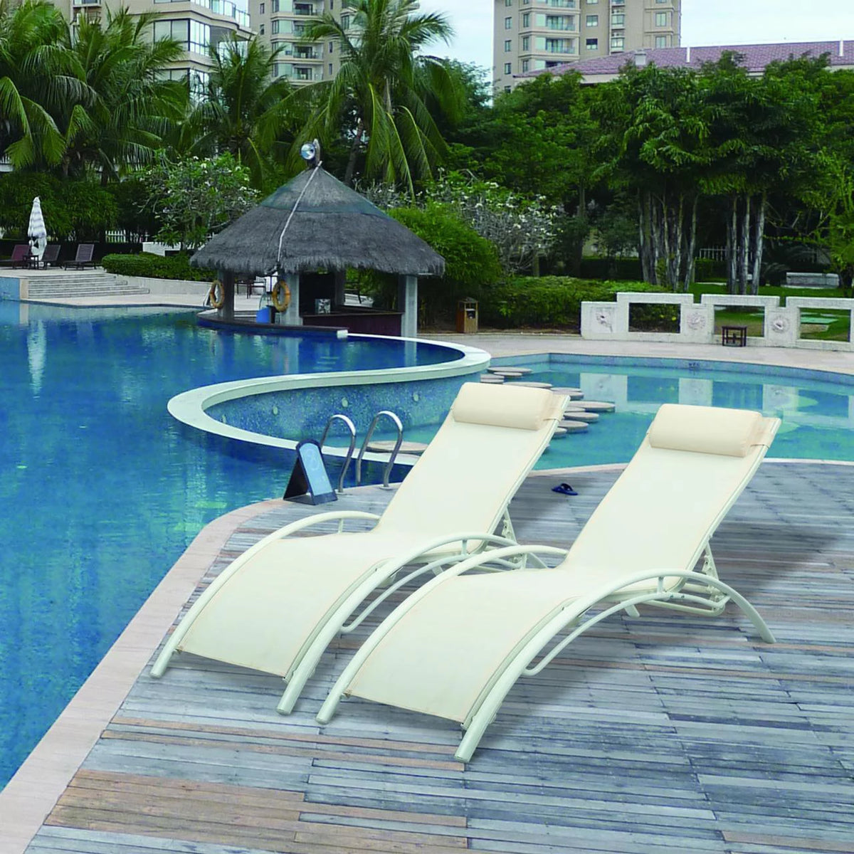 White Set of 2 Adjustable 5-Position Patio Chaise Lounges with Pillow W939