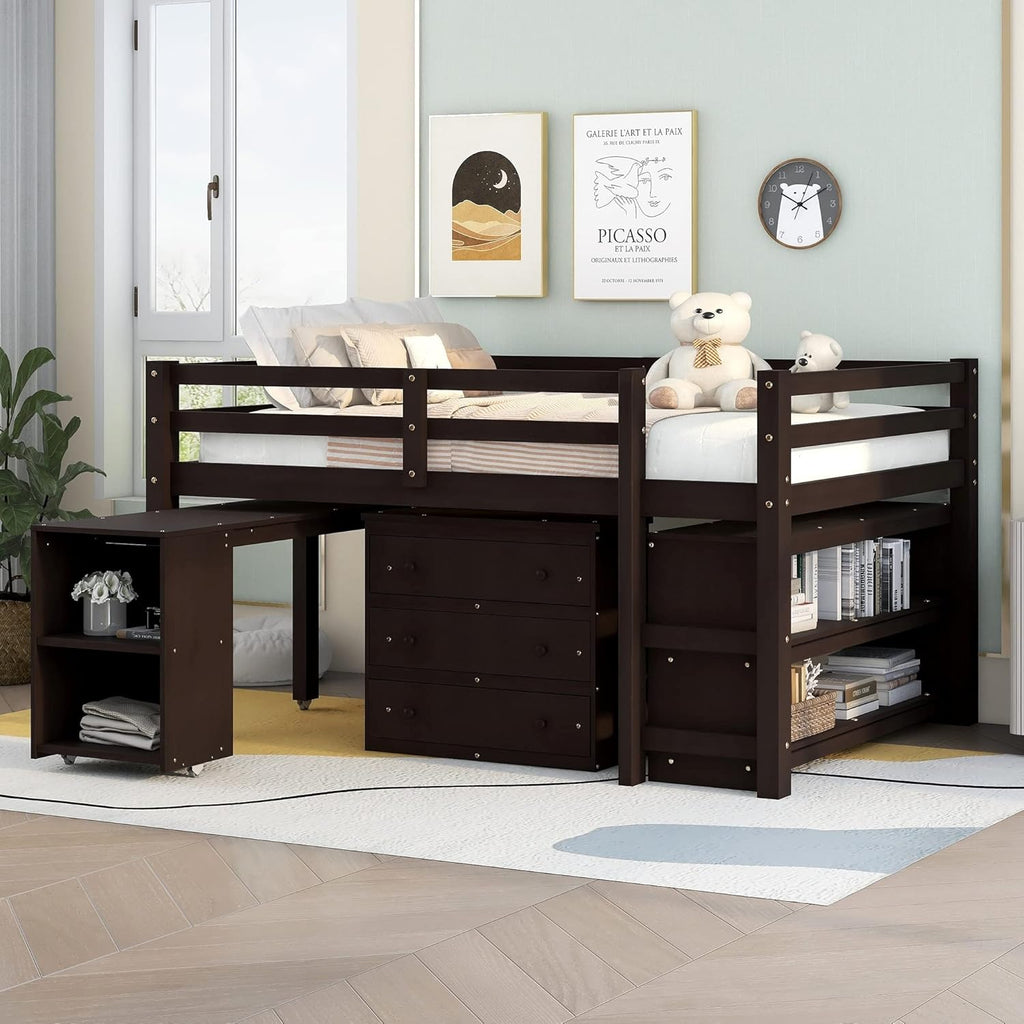Full Size Low Loft Bed Wood with Storage Cabinet Desk Brown N6895