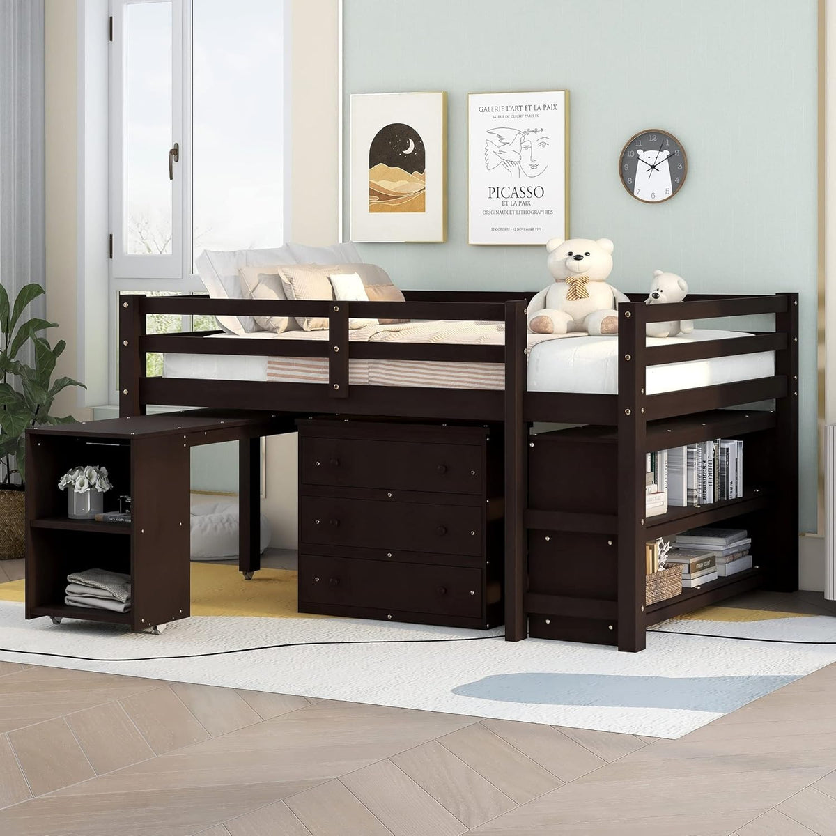 Full Size Low Loft Bed Wood with Storage Cabinet Desk Brown N6895