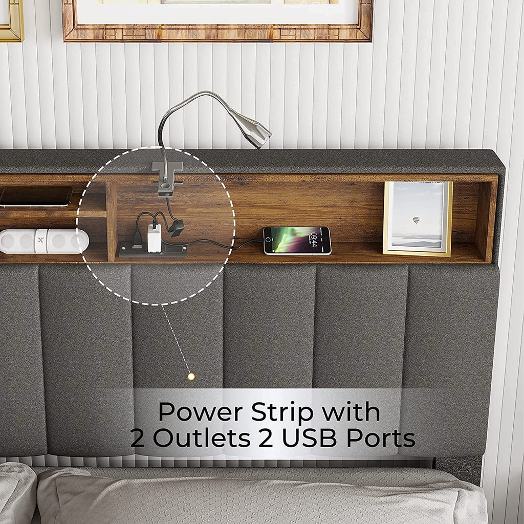 Queen Size Fabric Upholstered Platform Bed Frame with Storage Headboard H1892