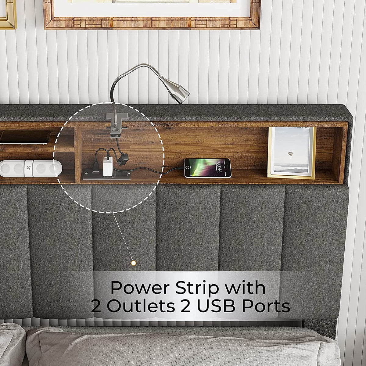 Queen Size Fabric Upholstered Platform Bed Frame with Storage Headboard H1892
