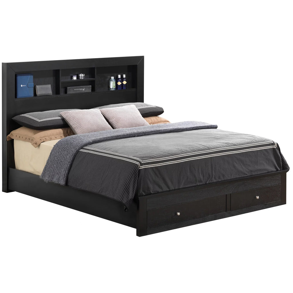 Black Queen Size Storage Platform Bed with Drawers and Shelves V2342