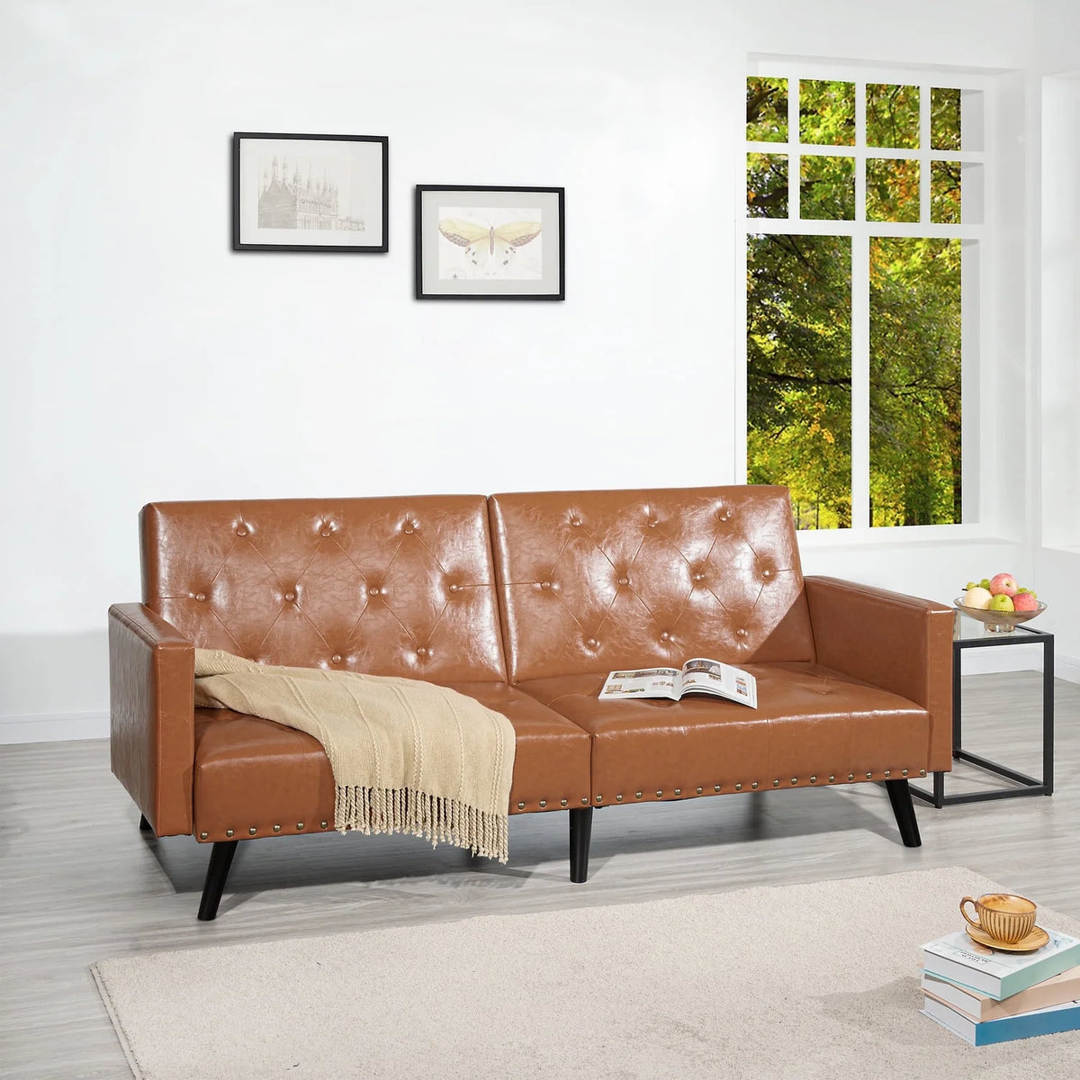 Espresso Faux Leather Tufted Convertible Sofa Bed X75882