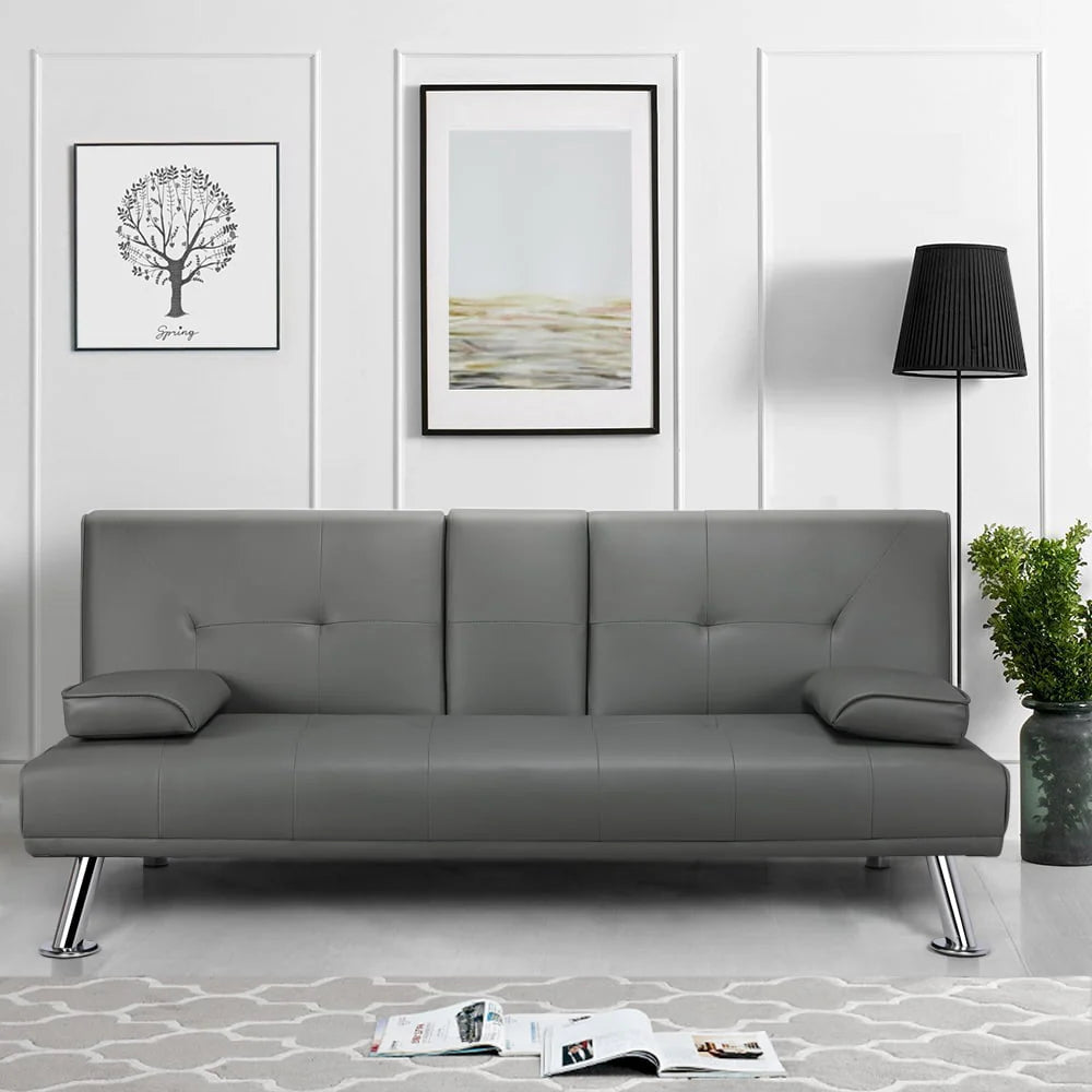 Gray Faux Leather Futon with Cupholders and Pillows N7676