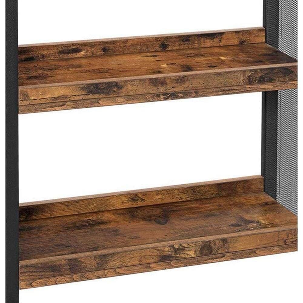 3 Tier Wood and Metal Kitchen Cart with Mesh Side Panel, Brown and Black Y28192