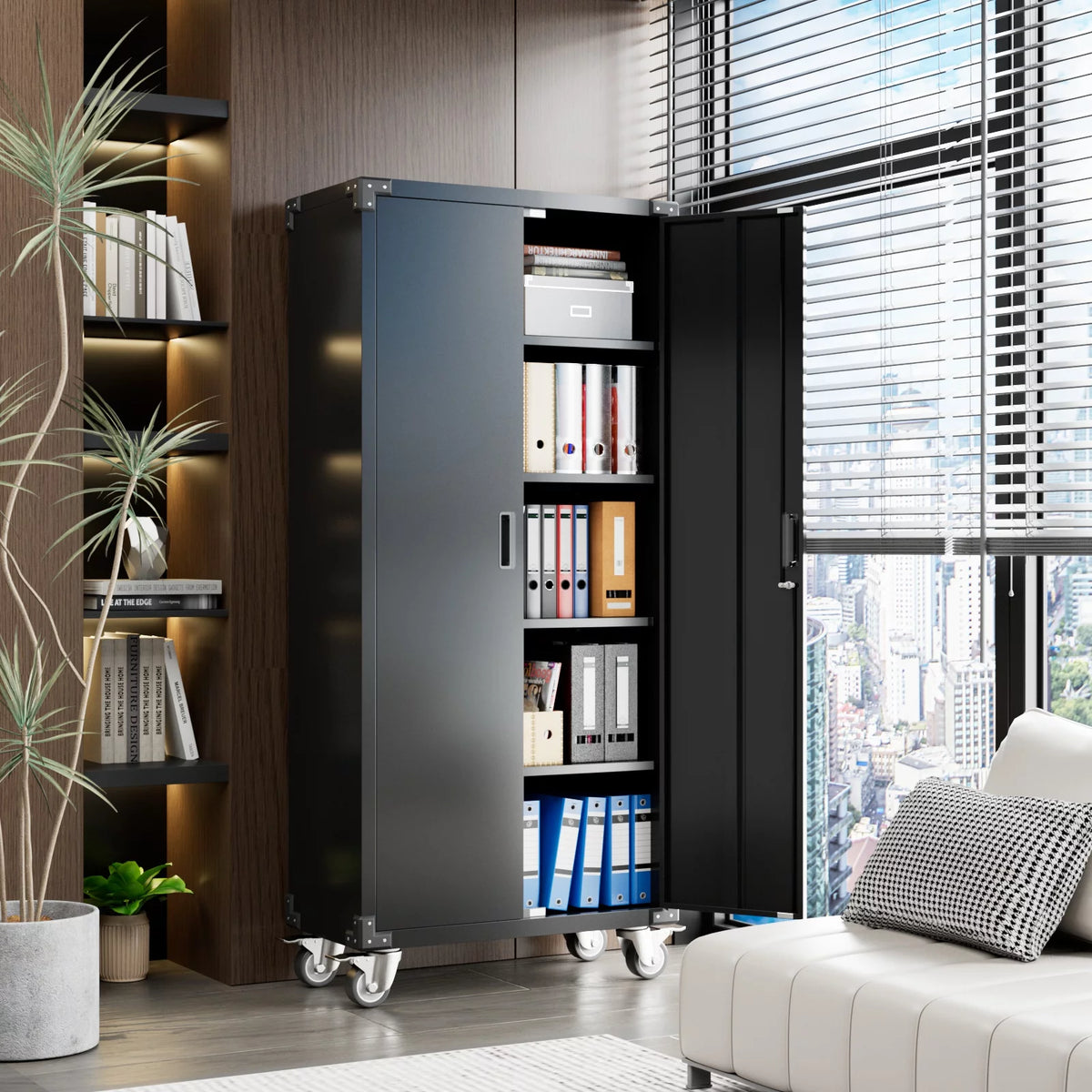Metal Storage Cabinet with Lock, 72In Steel Storage Cabinet with Wheels, Black D4386