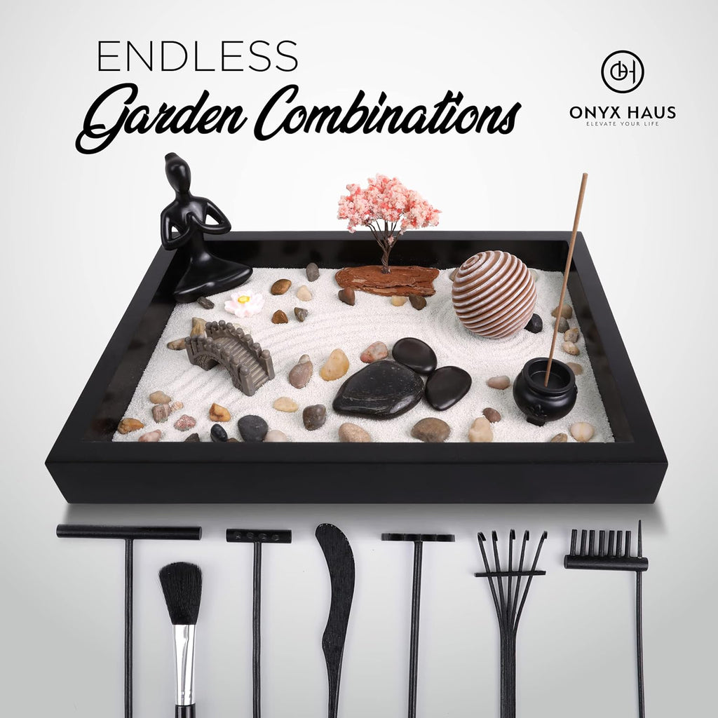 Zen Garden Desk Decor Set with Wooden Tray, White Sands, Rocks, Rake Tools, Pack of 2 F148