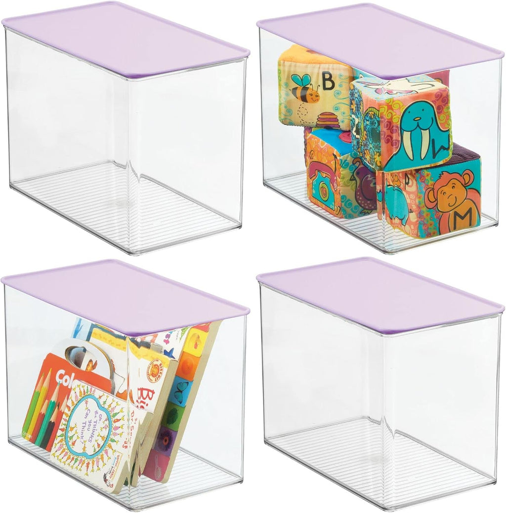 Clear/Light Purple Stackable Plastic Storage Bin Box with Attached Lid, 4 Pack O3862