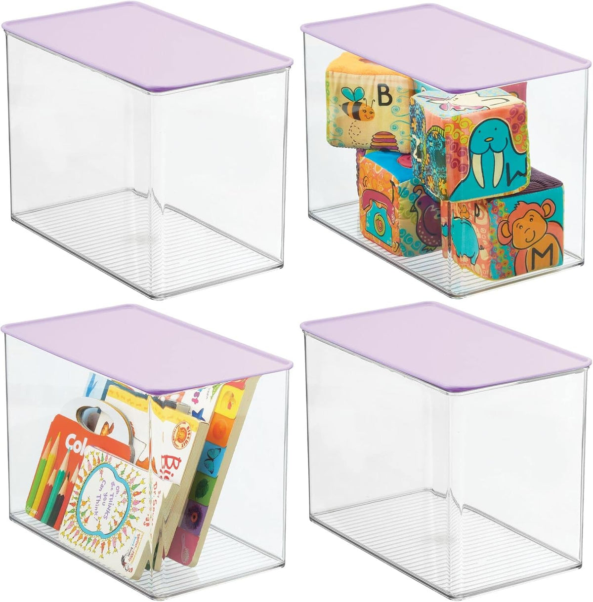 Clear/Light Purple Stackable Plastic Storage Bin Box with Attached Lid, 4 Pack O3862