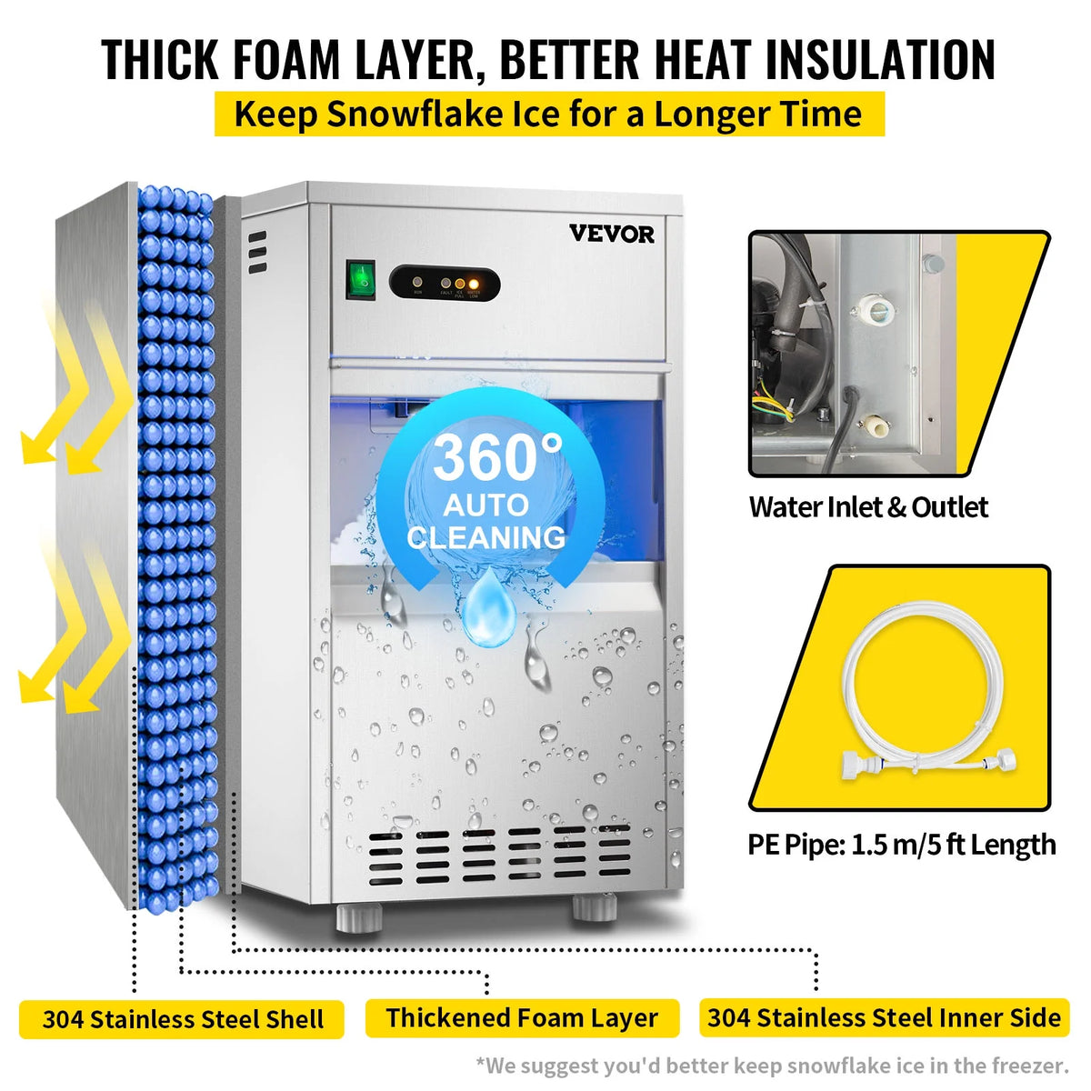 110V Commercial Snowflake Ice Maker 44lbs/24h Stainless Steel Freestanding A155