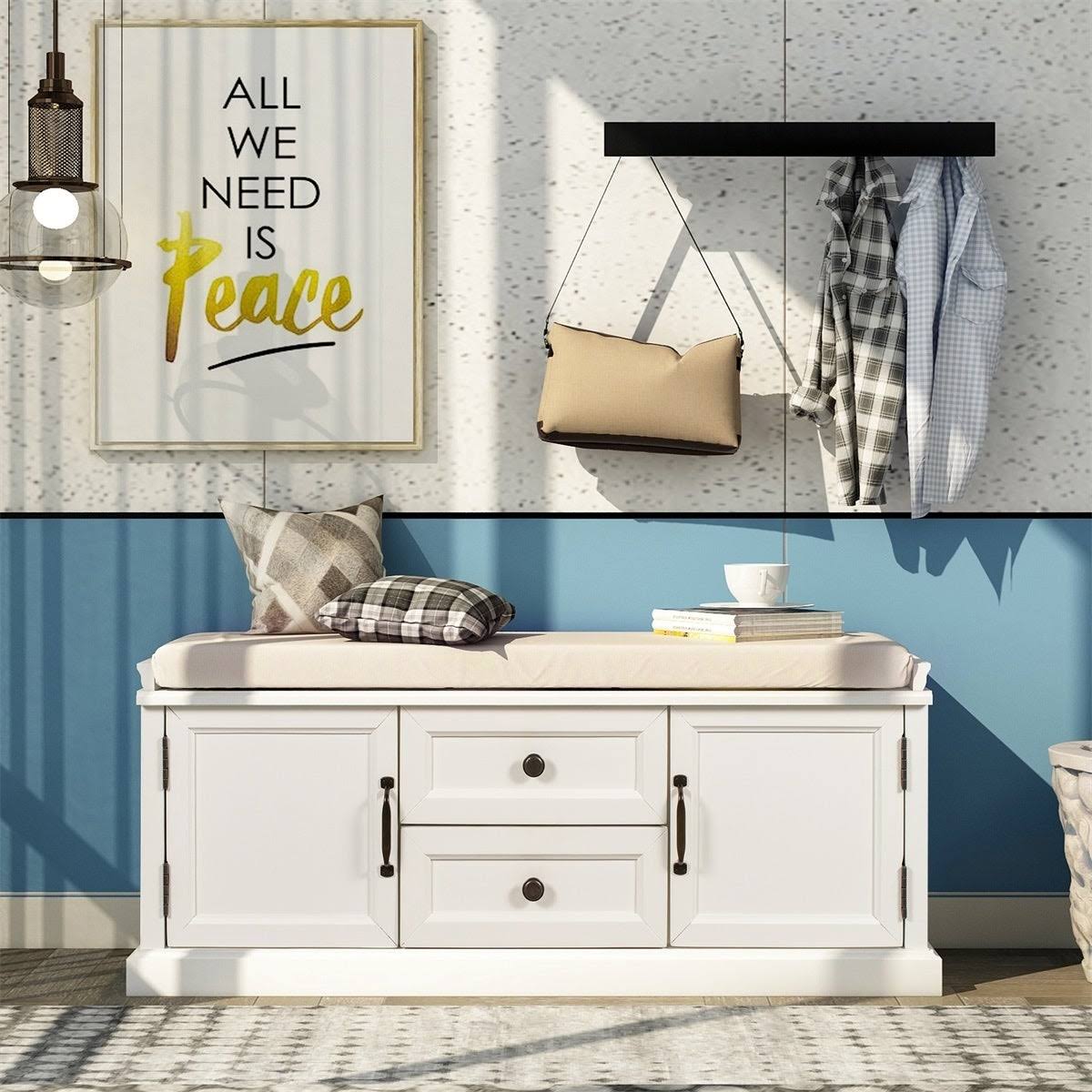 White Storage Bench with 2 Drawers and 2 Cabinets P7590