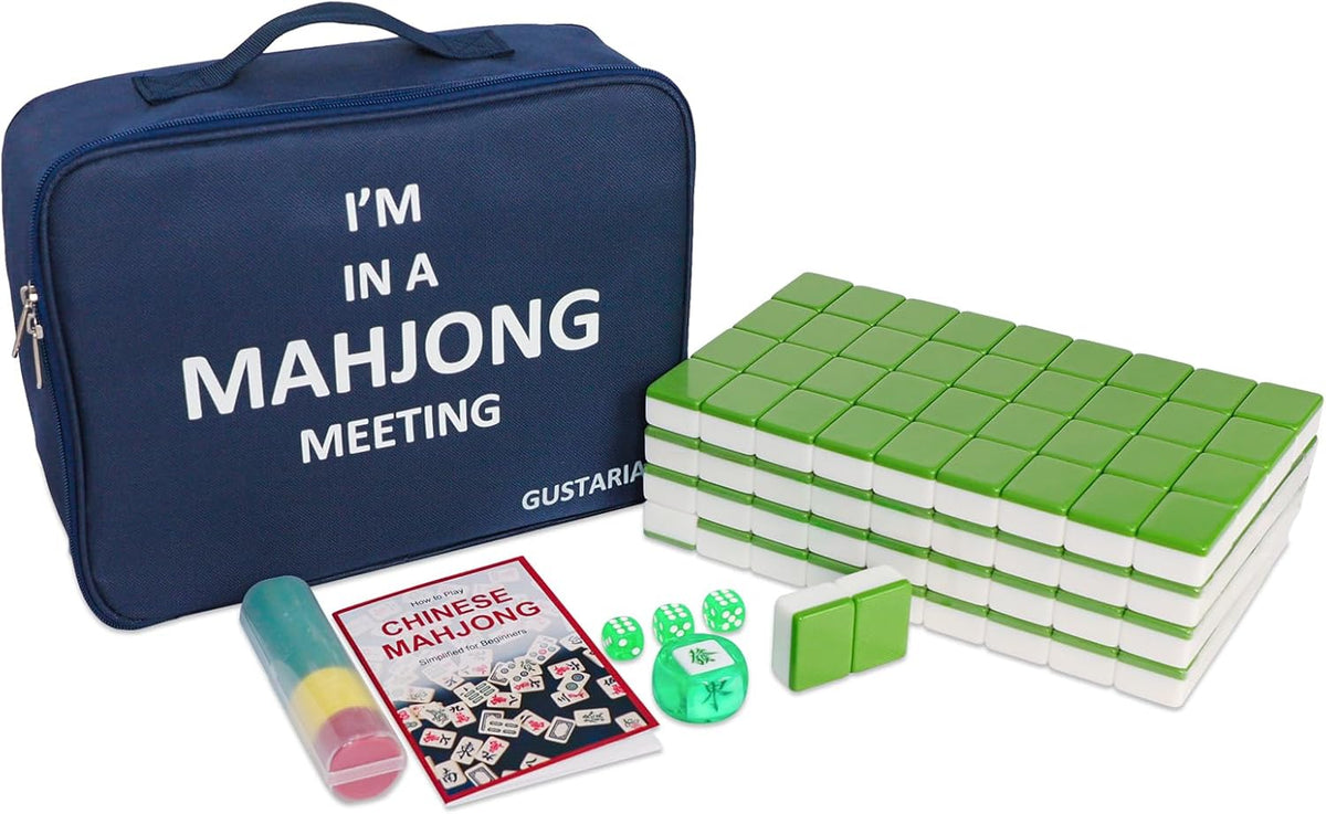 1.65'' Large Size 146 Green Tiles Mahjong Set with Blue Carrying Bag C646012