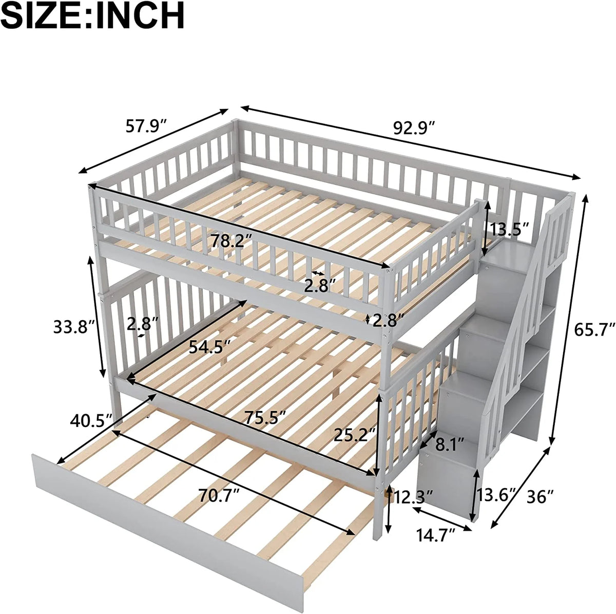 Solid Wood Full Over Full Bunk Bed with Trundle and Staircase, Grey H645105