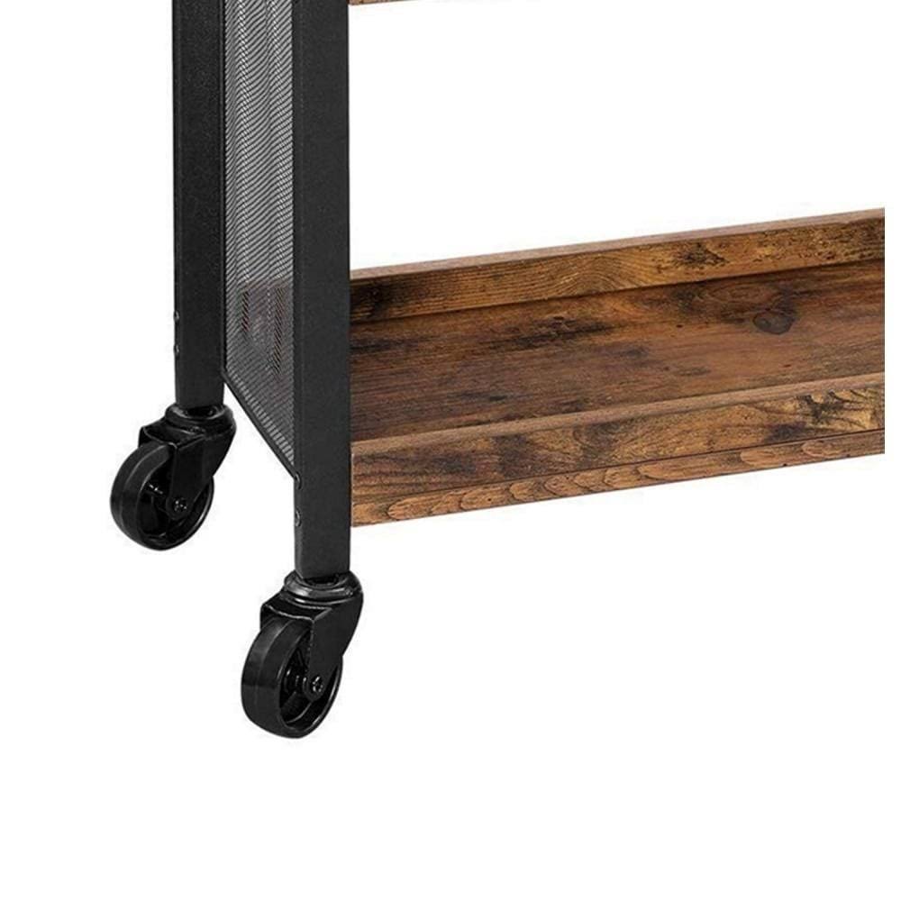 3 Tier Wood and Metal Kitchen Cart with Mesh Side Panel, Brown and Black Y28192