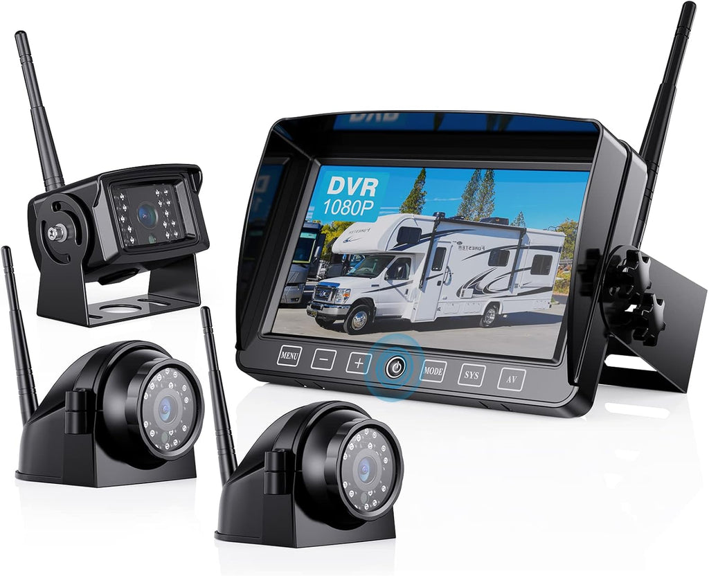 Wireless Backup Camera with 7 Inch DVR Quad Split Monitor, HD 1080P 3 Cameras Back Up System with Recording, Pack of 2 B9908