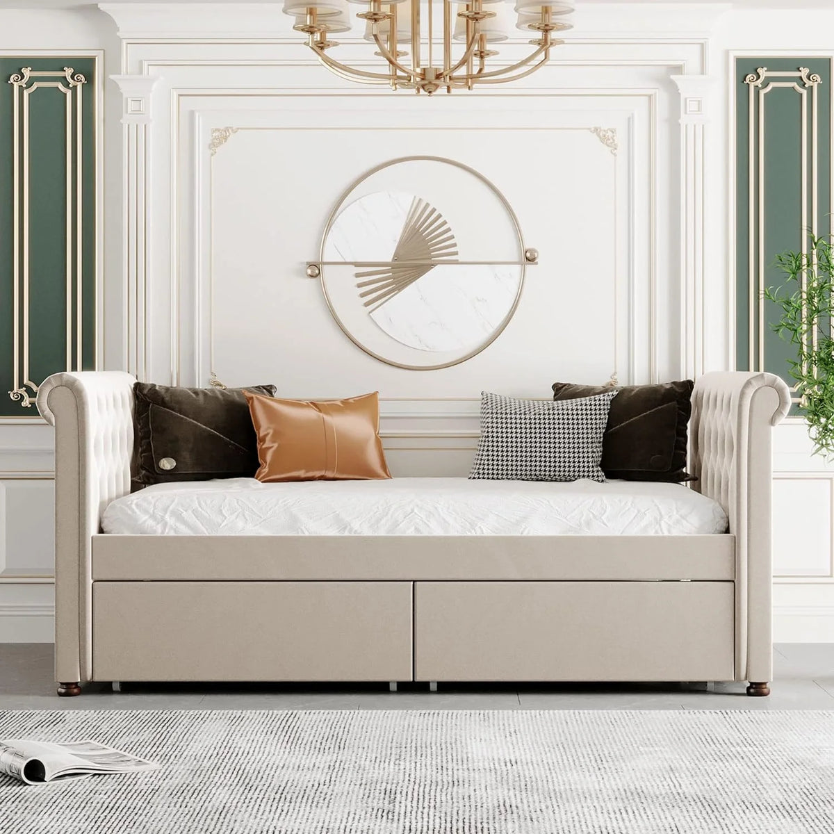 Beige Upholstered Daybed with Storage and 2 Drawers S780