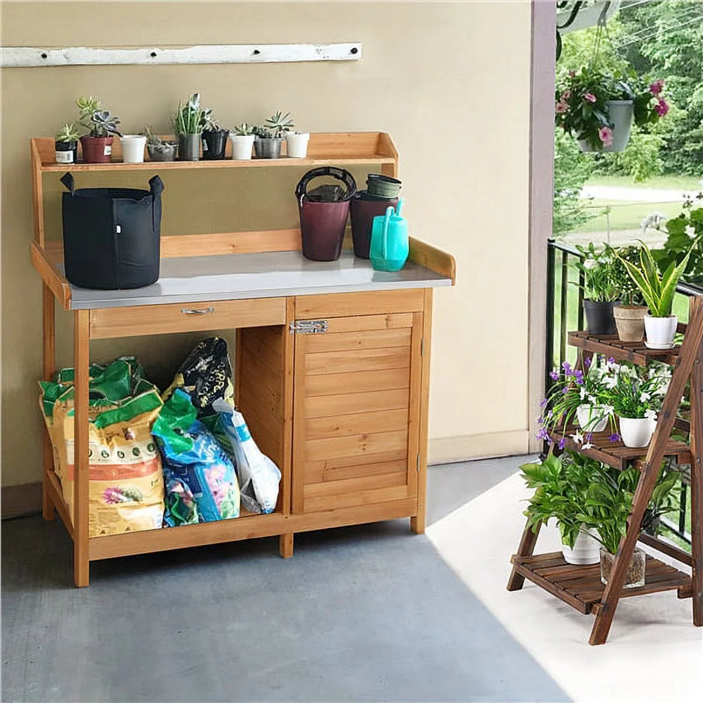 Wooden Garden Potting Bench with Cabinet T725543