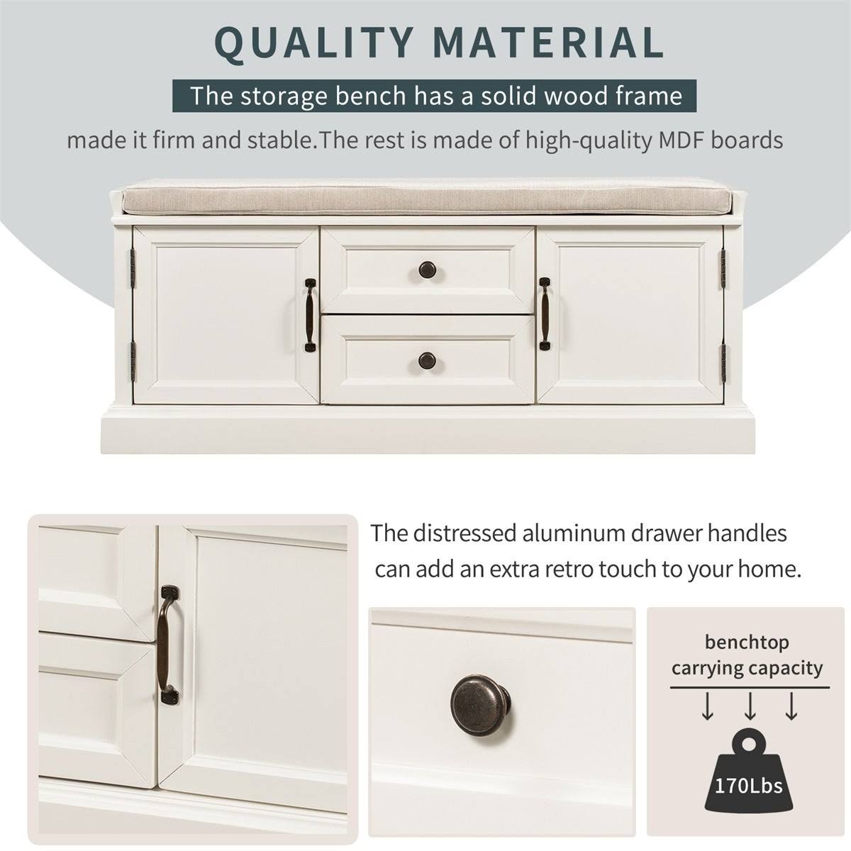 White Storage Bench with 2 Drawers and 2 Cabinets P7590