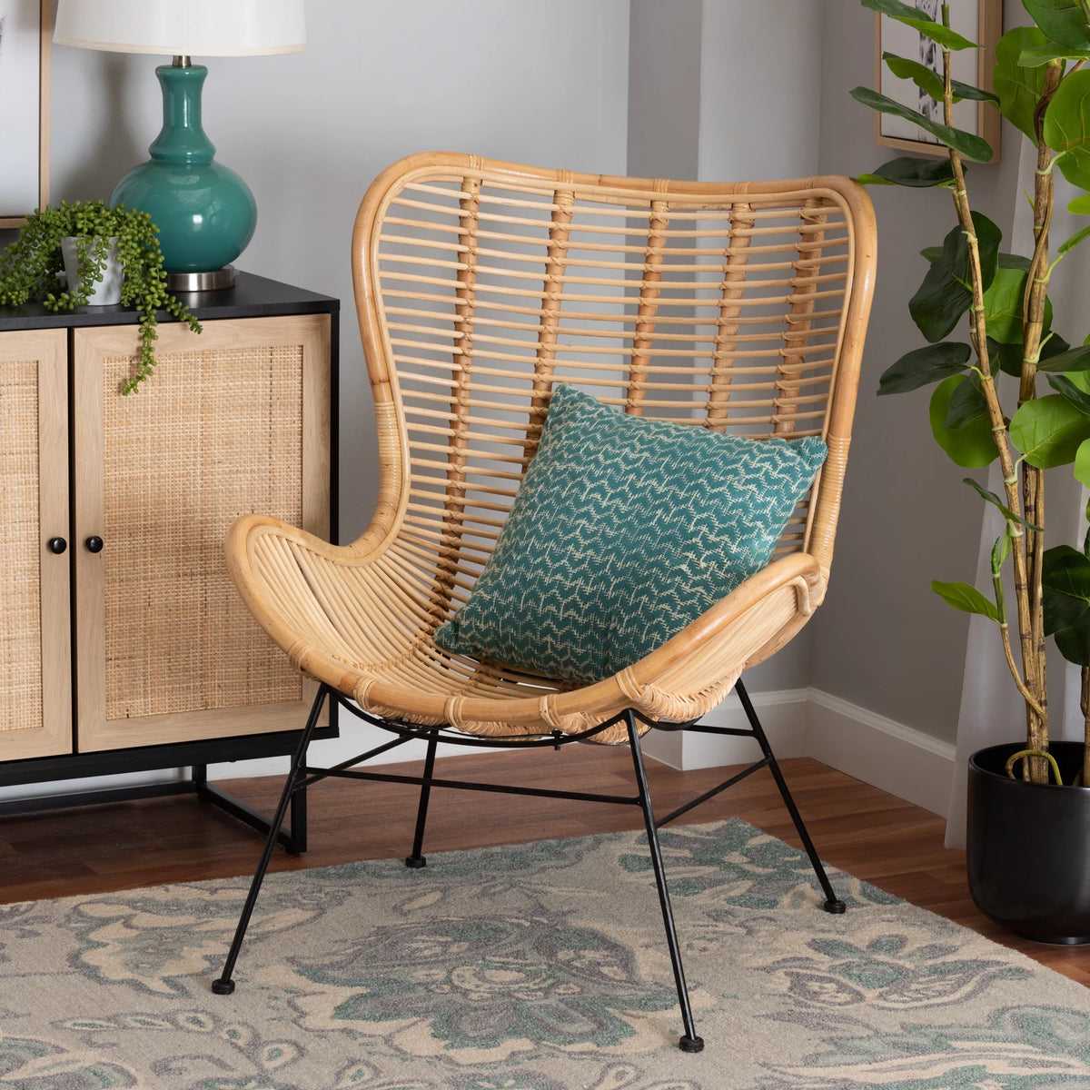 Natural Brown Rattan and Black Metal Accent Chair A25664
