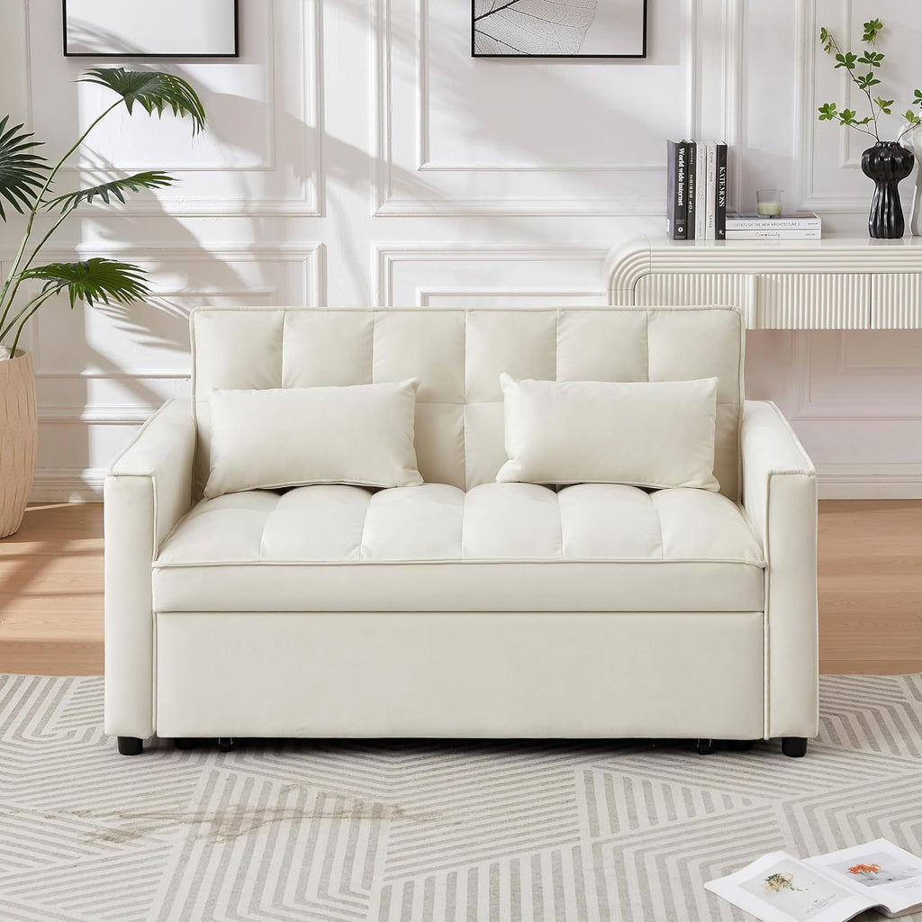 Ivory Velvet 2 Seater Convertible Loveseat Sleeper Sofa with Pull-Out Bed Q84581