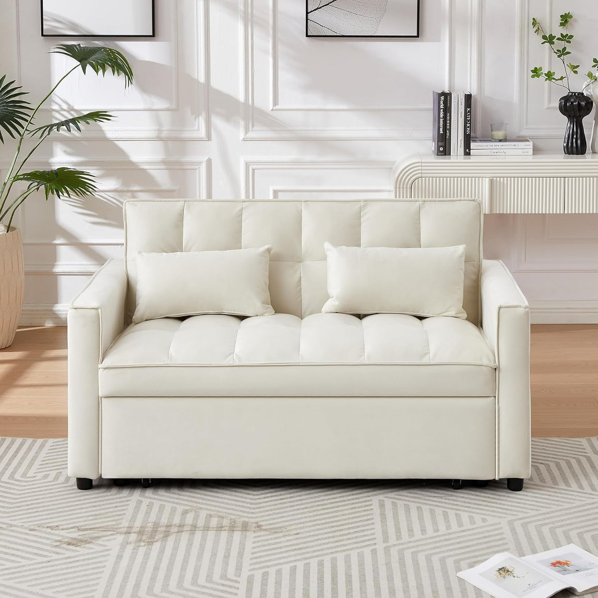 Ivory Velvet 2 Seater Convertible Loveseat Sleeper Sofa with Pull-Out Bed Q84581