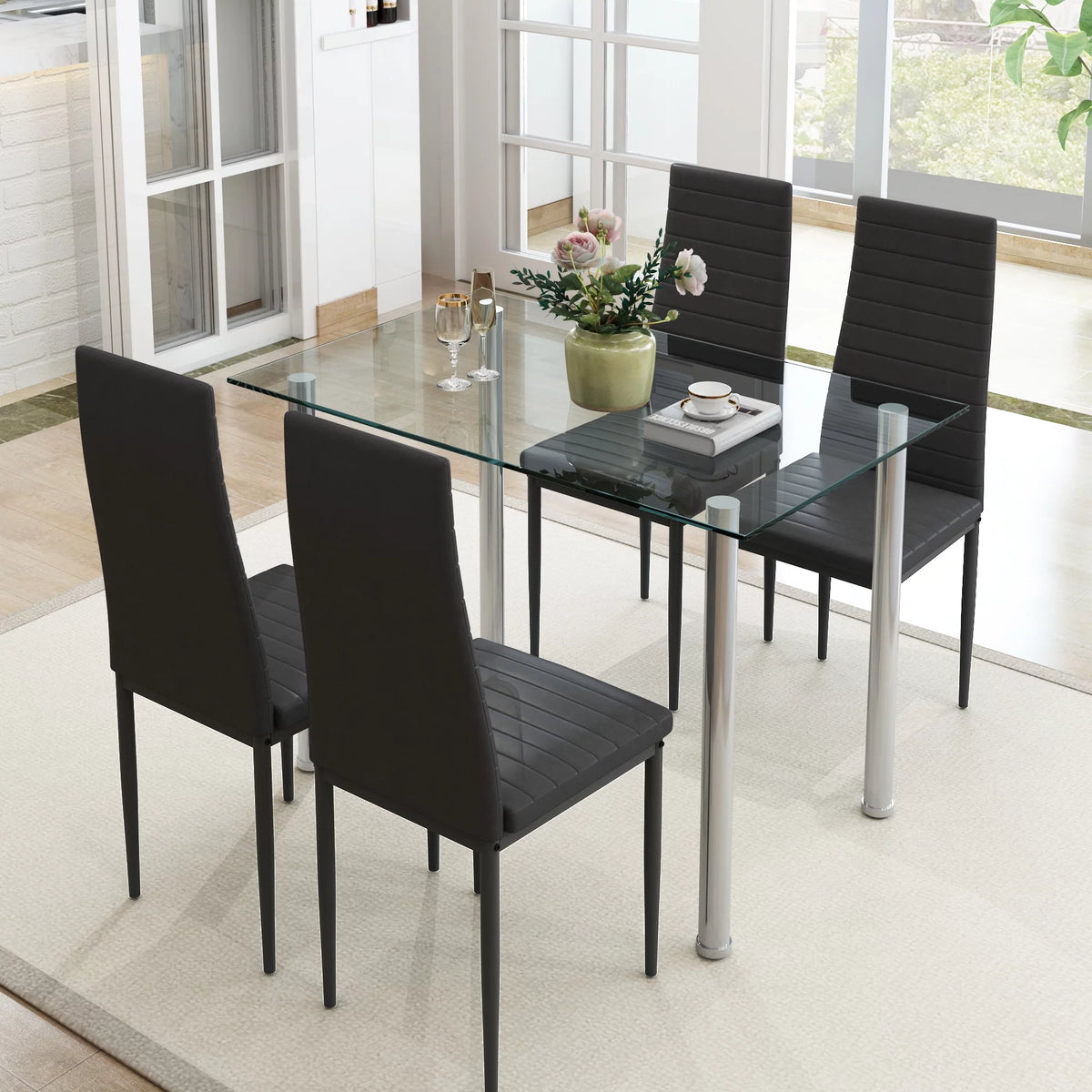5-Piece Faux Marble Top Velvet Dining Table Set O6607