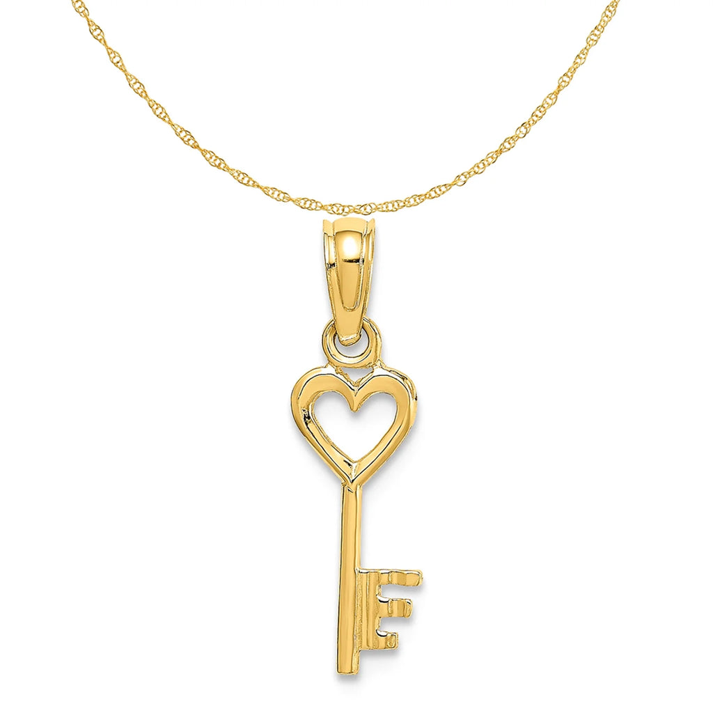 14K Yellow Gold Key With Heart Pendant Charm with Rope Chain Necklace 16'' C9356