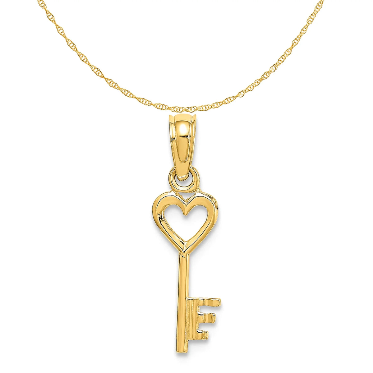14K Yellow Gold Key With Heart Pendant Charm with Rope Chain Necklace 16'' C9356