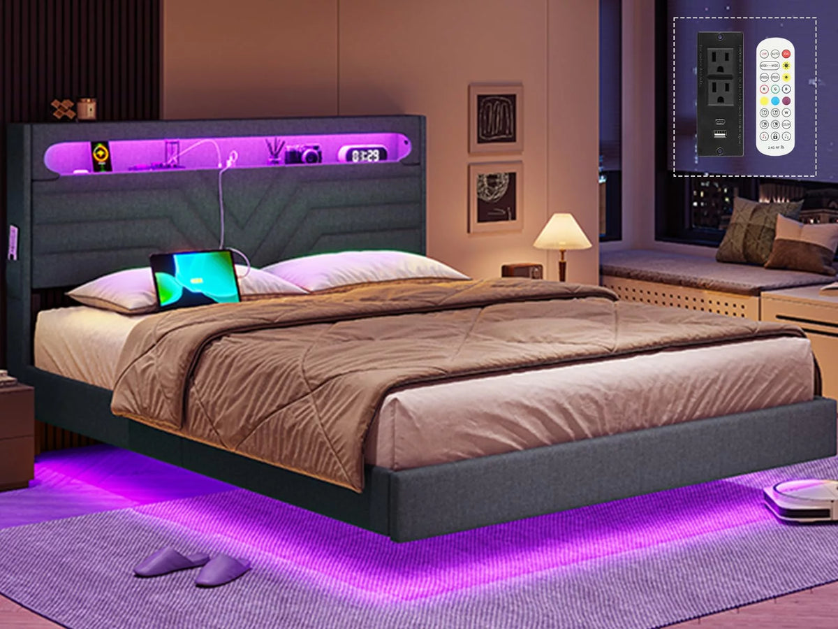 Queen Size Fabric Upholstered Platform Bed Frame with Storage Headboard H1892