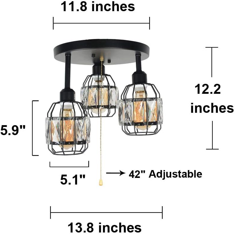 Black Metal Round Semi Flush Mount Ceiling Light with Pull Chain 3 Lights E26 J131