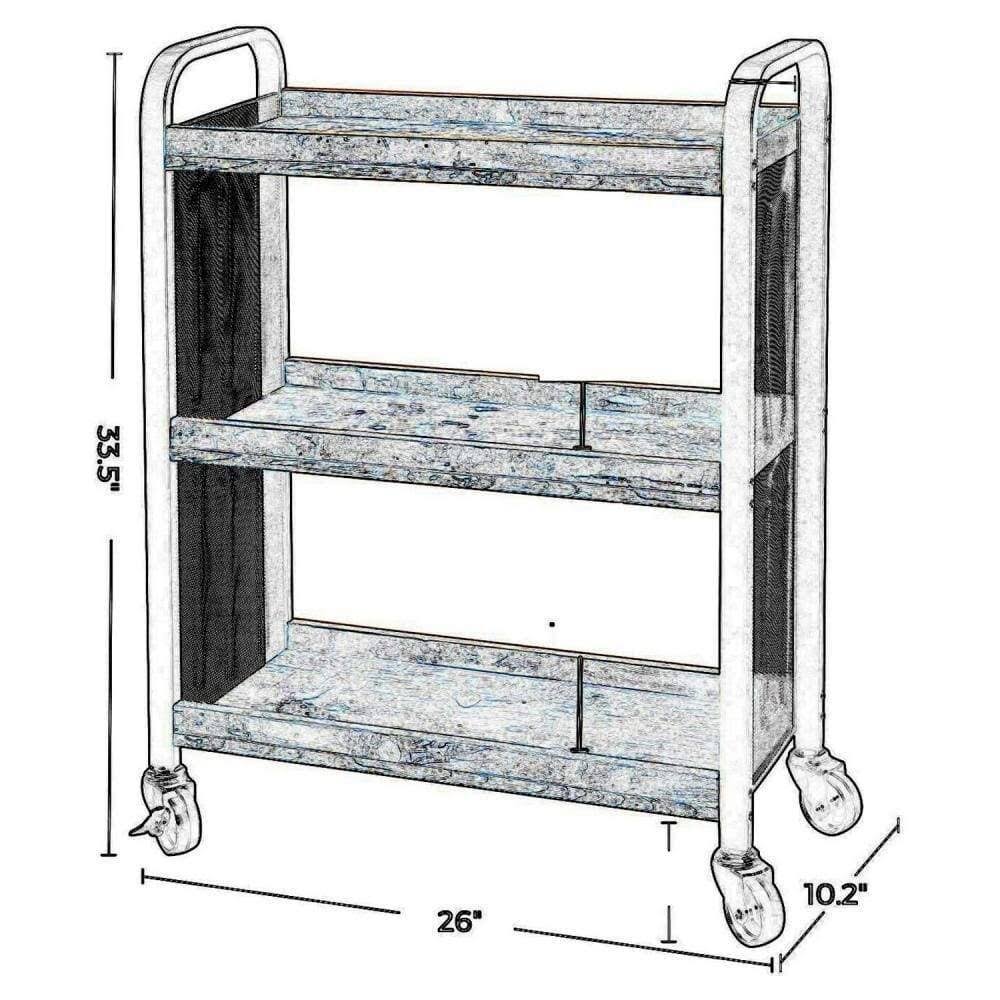 3 Tier Wood and Metal Kitchen Cart with Mesh Side Panel, Brown and Black Y28192