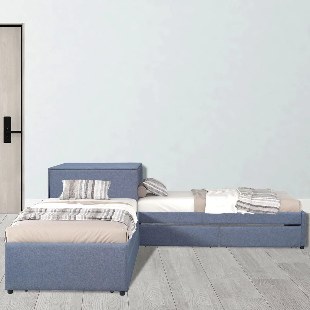 Grey L Shaped Platform Bed with Two Drawers and Built-in Desk D53272