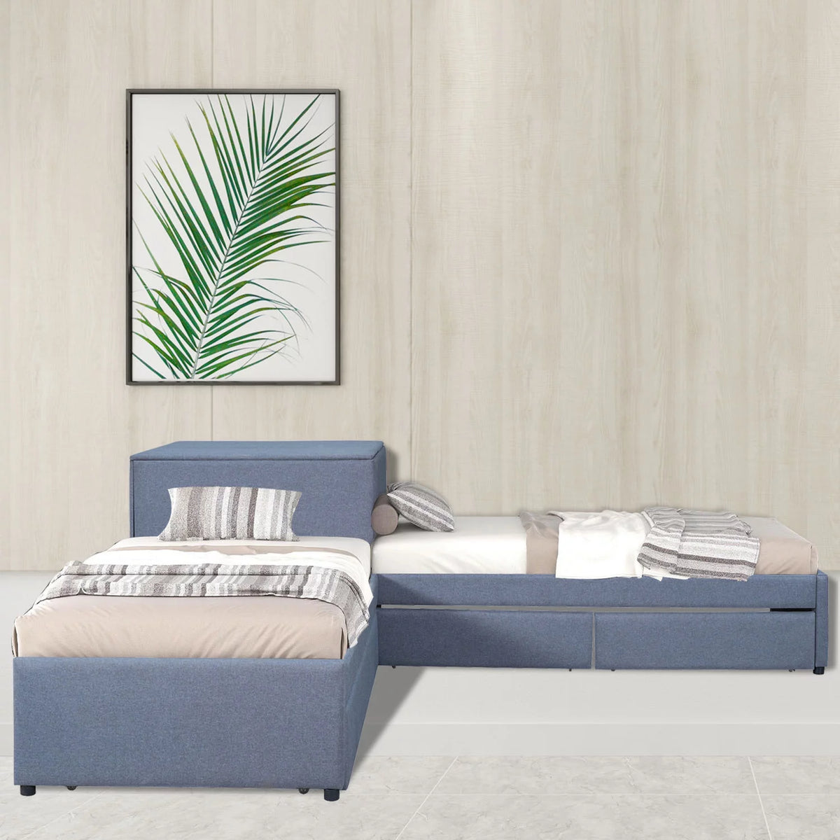 Grey L Shaped Platform Bed with Two Drawers and Built-in Desk D53272