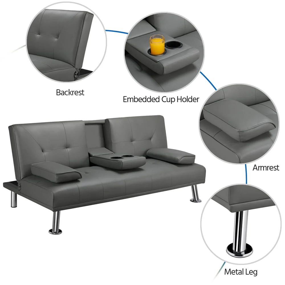 Gray Faux Leather Futon with Cupholders and Pillows N7676