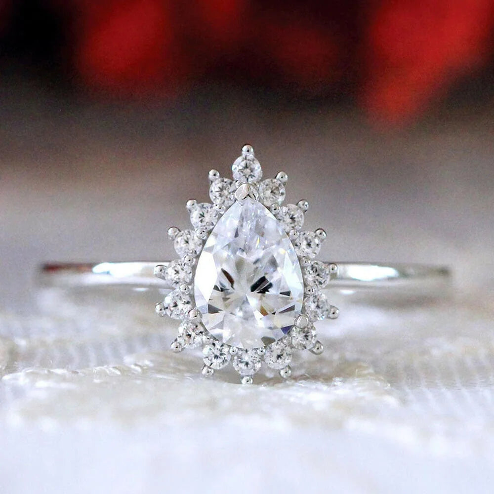 Pear Shape Moissanite Solitaire Engagement Ring, 18K White Gold Plated / 925 Sterling Silver Ring J402