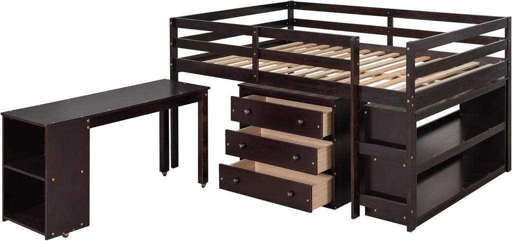 Full Size Low Loft Bed Wood with Storage Cabinet Desk Brown N6895