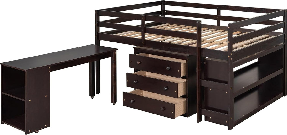 Full Size Low Loft Bed Wood with Storage Cabinet Desk Brown N6895