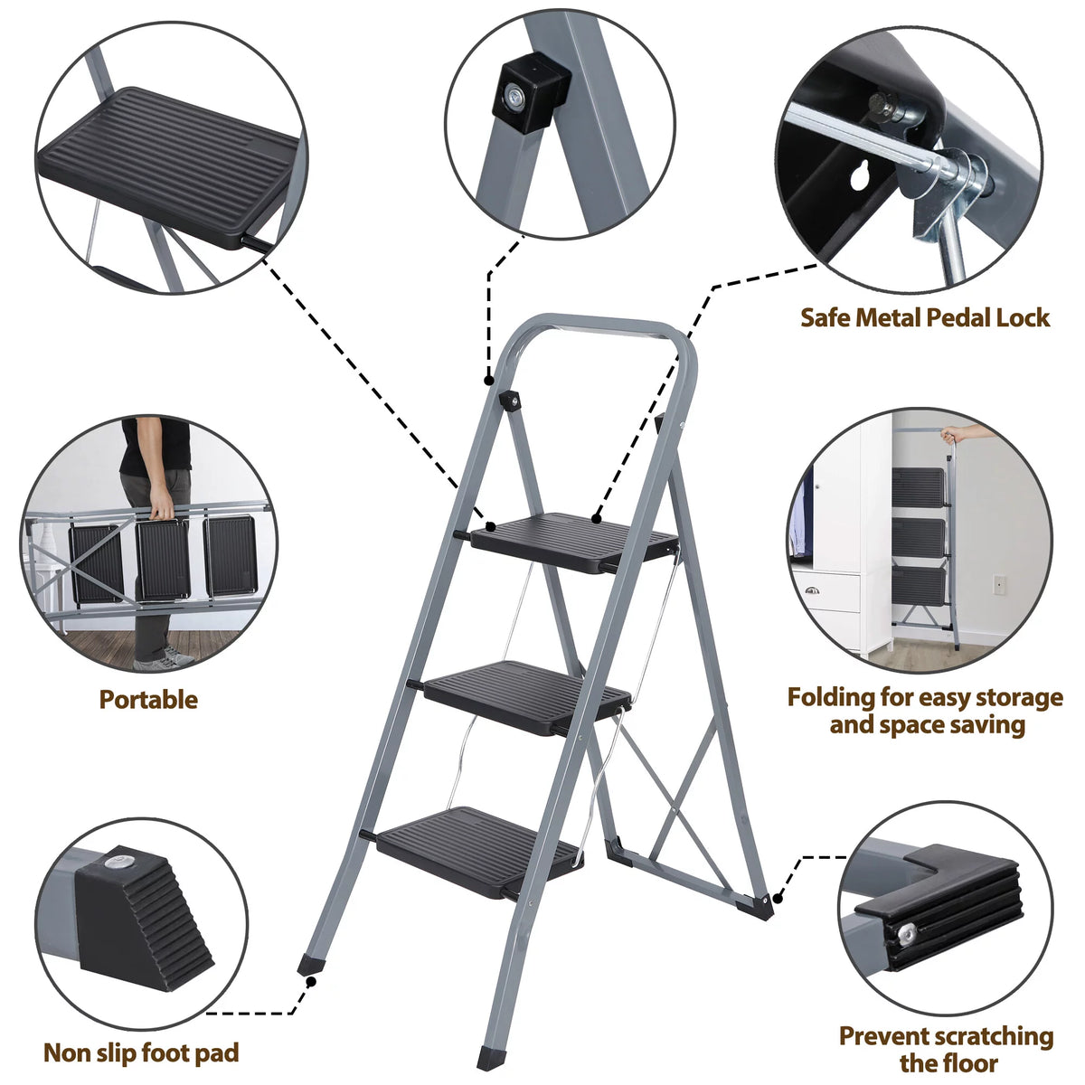 Folding 3-Step Steel Ladder with Handgrip Q5410