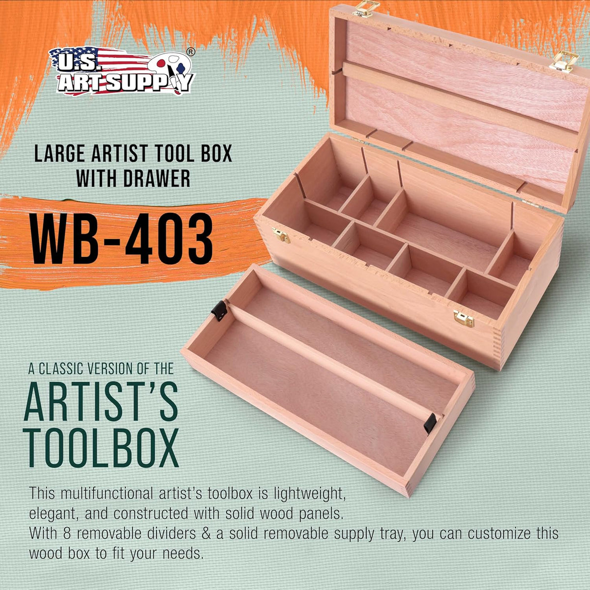 Unfinished Beechwood Artist Tool Storage Box with Removable Tray & Locking Clasps X412