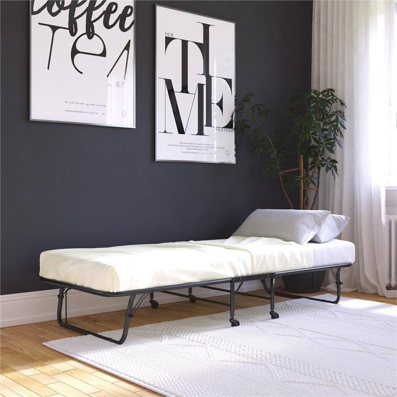 Twin Size Folding Guest Bed with Metal Frame and 5 inch Mattress in Black Z601