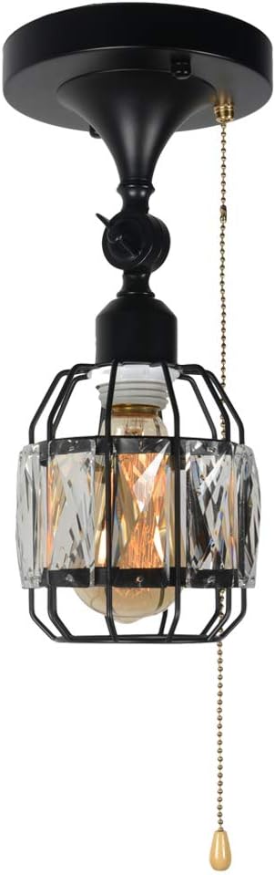 Black Metal Round Semi Flush Mount Ceiling Light with Pull Chain 3 Lights E26 J131