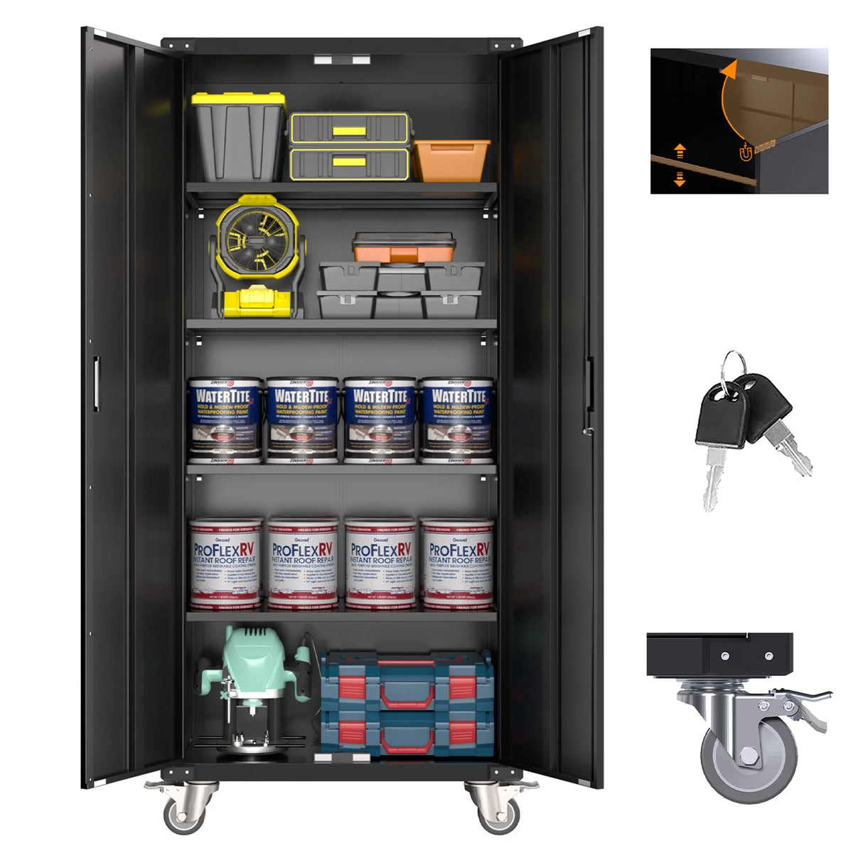 Metal Storage Cabinet with Lock, 72In Steel Storage Cabinet with Wheels, Black D4386